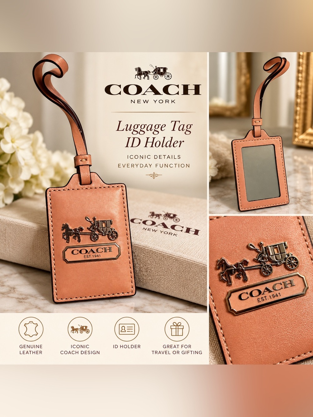 Coach Leather Luggage Tag Bag Charm Mirror Horse & Carriage Pink Rose Gold